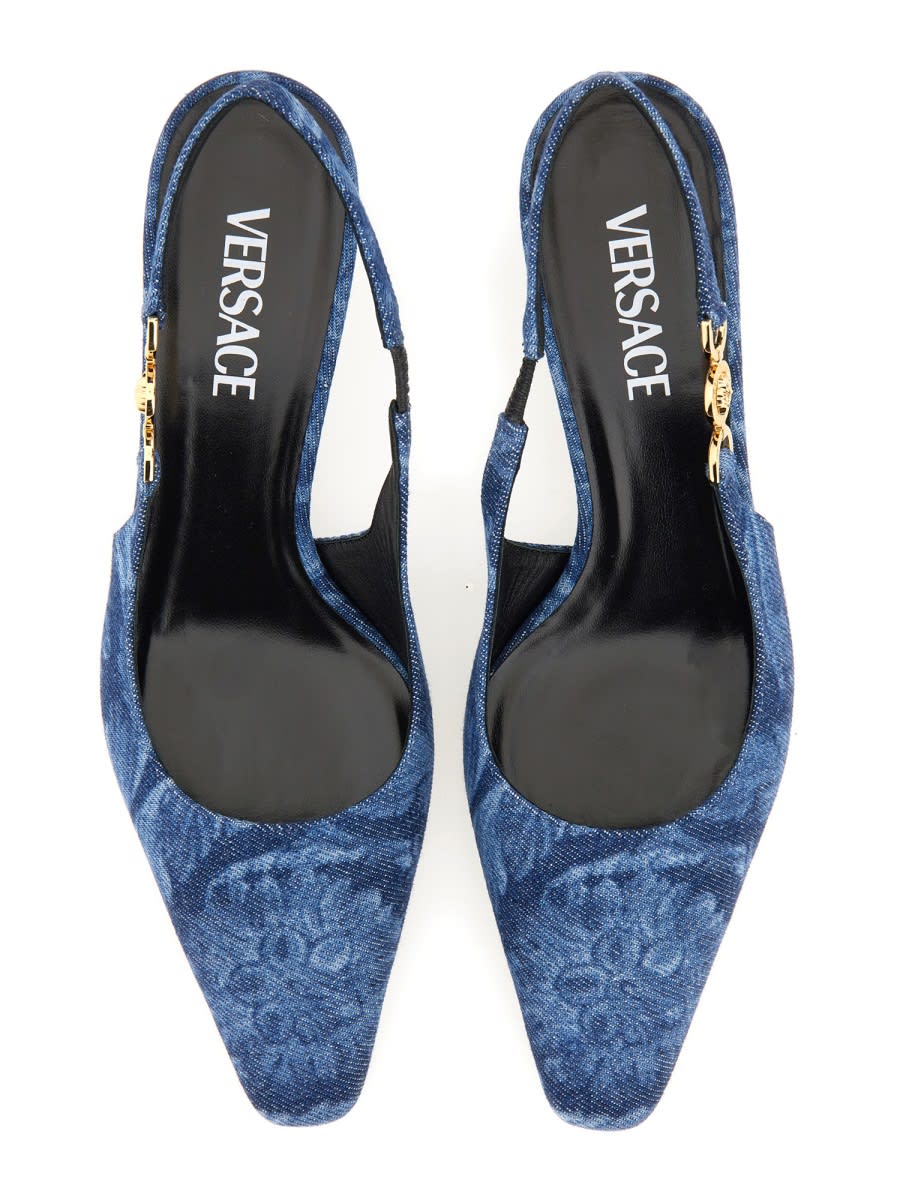 Shop Versace Baroque Denim Low Pumps