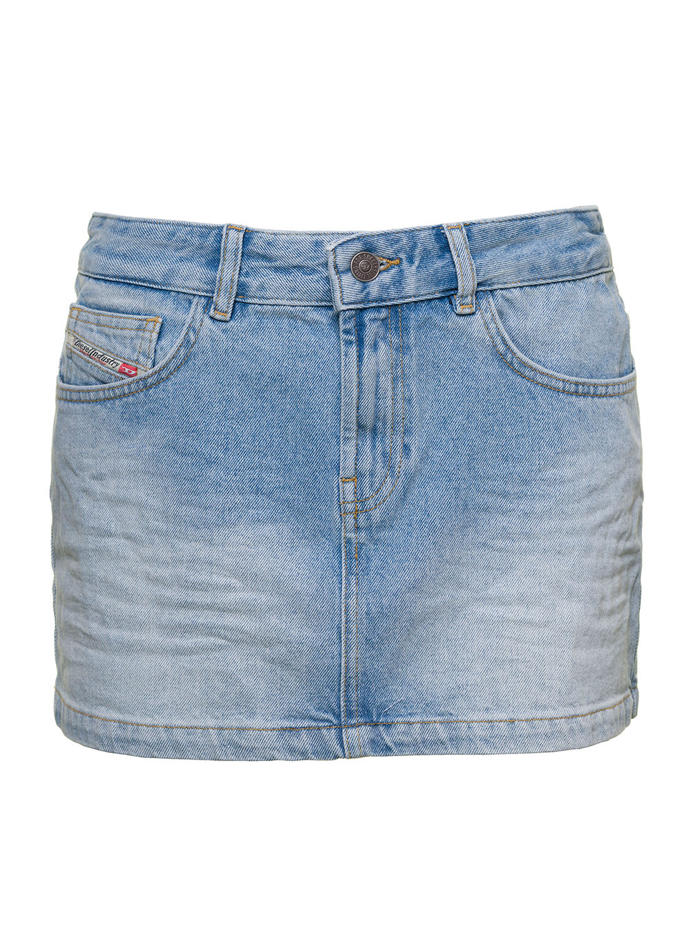 DIESEL DE-RON-S1 LIGHT BLUE MINI SKIRT WITH MAXI OVAL D LOGO PATCH IN ULTRA STONEWASHED COTTON DENIM WOMAN