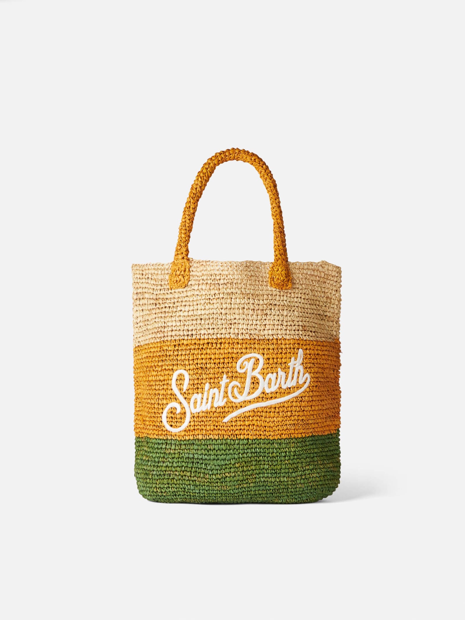 Mc2 Saint Barth Raffia Bucket Bag With Multicolor Stripes And Embroidery In Yellow