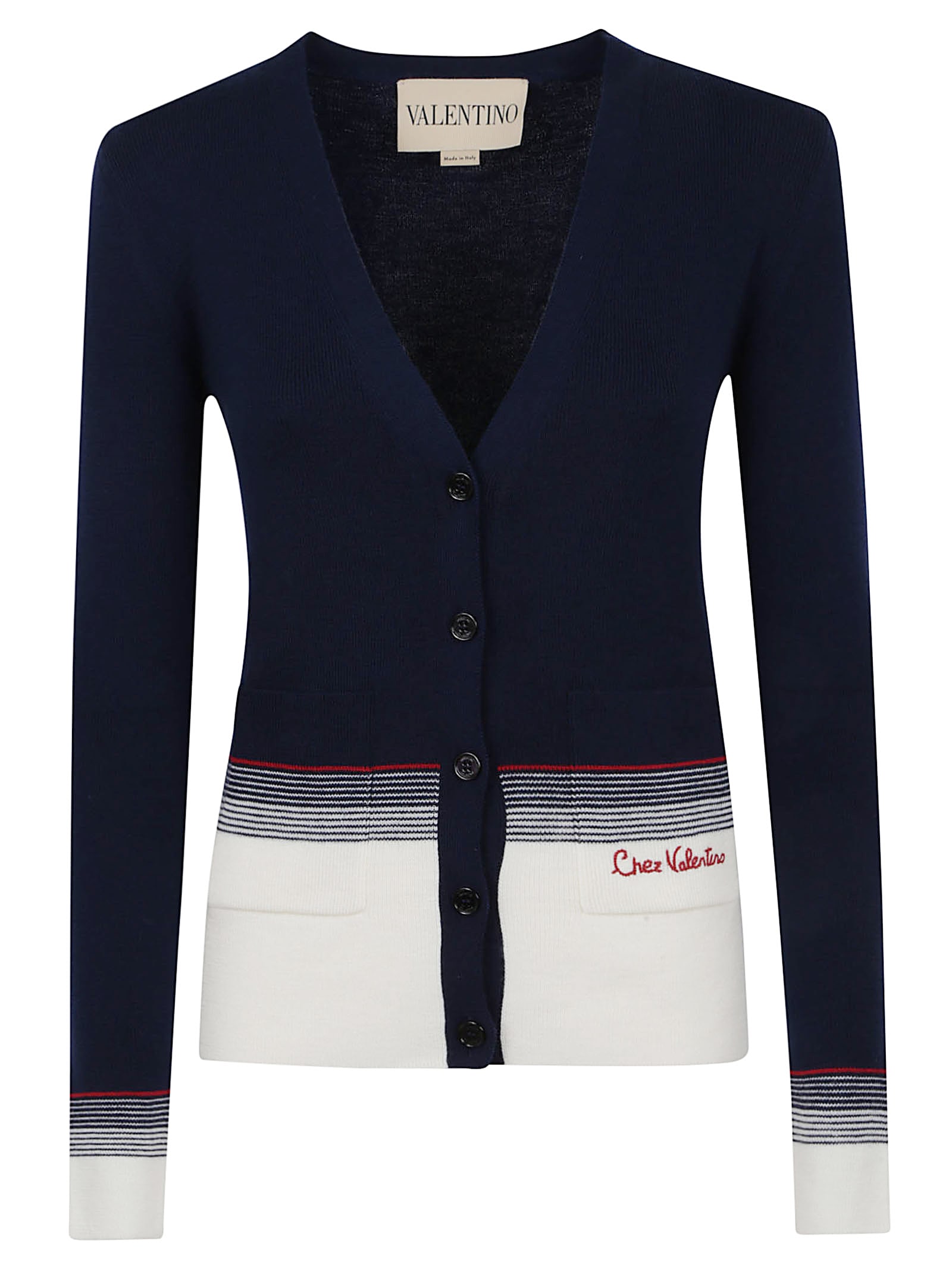 Valentino V-neck Cardigan With Contrast Hem In Blue