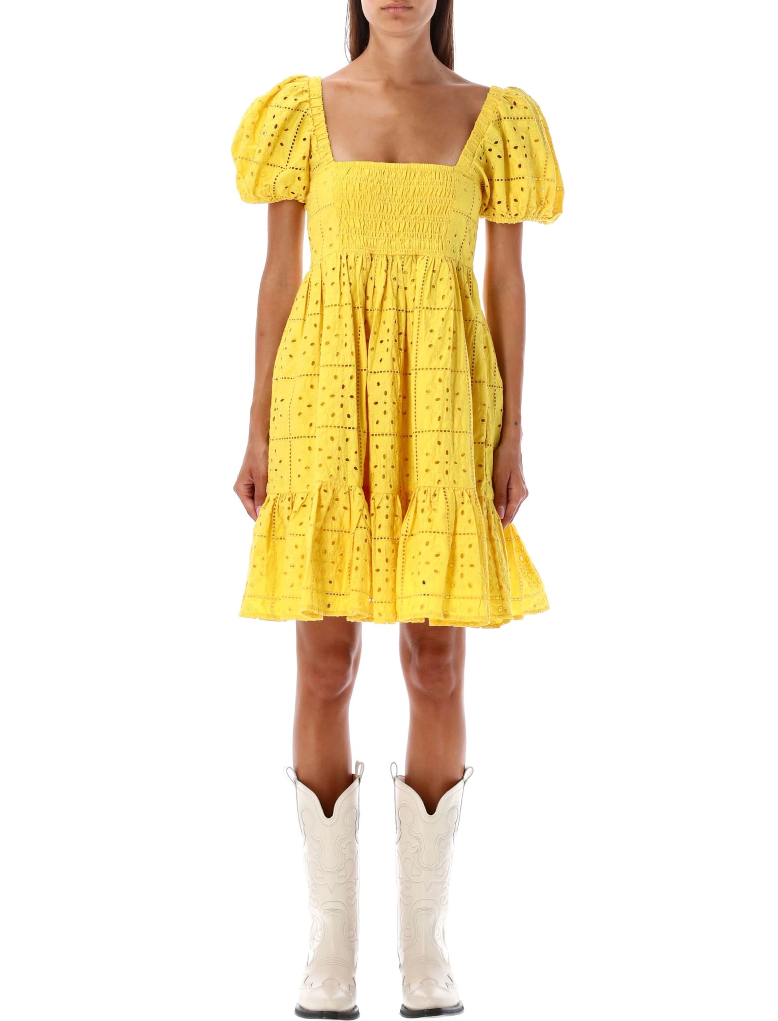 Shop Ganni Broderie Anglaise Mini Dress In Yellow