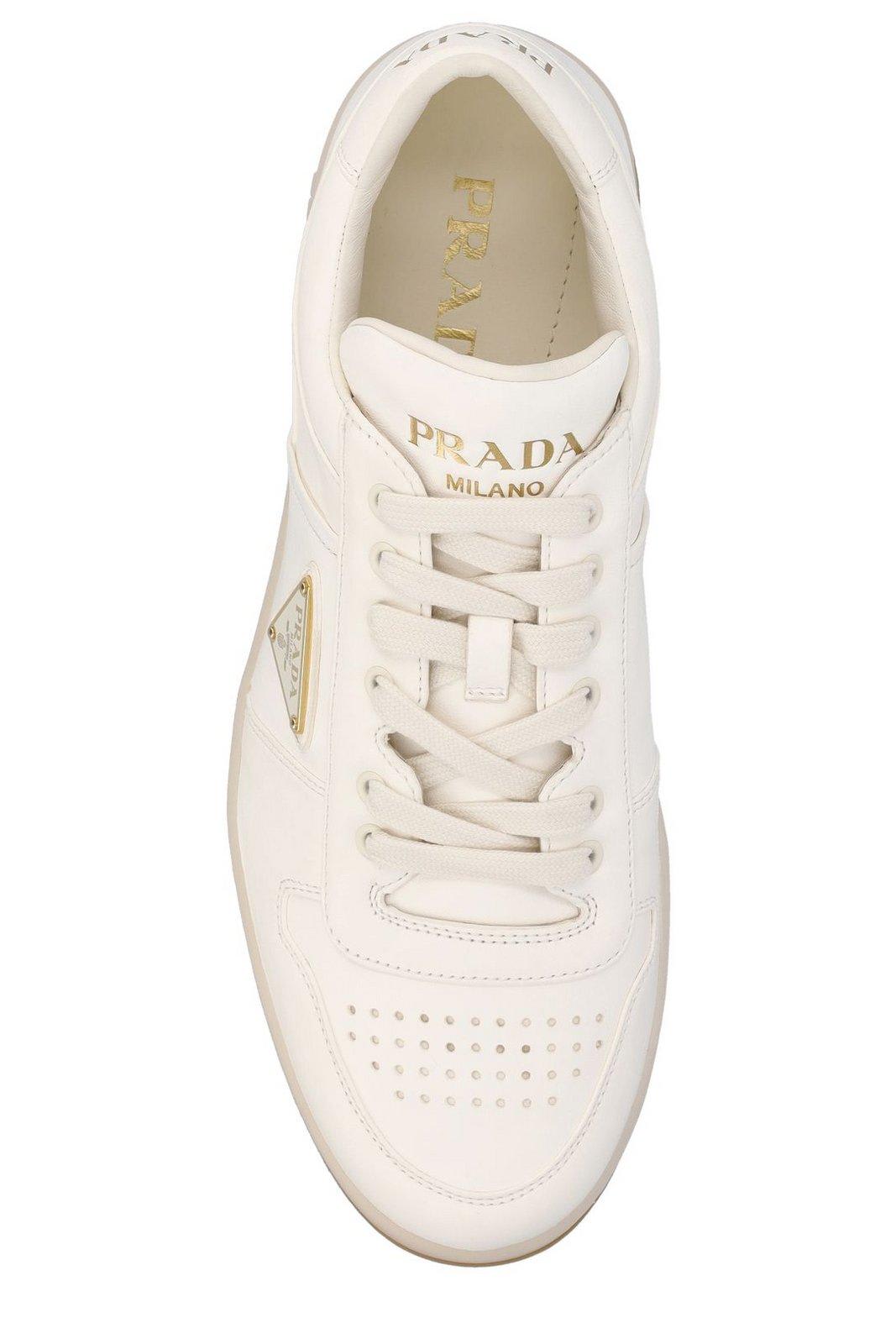 Shop Prada Enamel-triangle Lace-up Sneakers