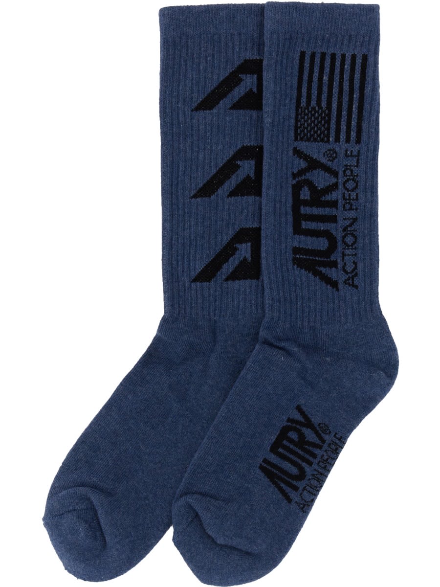 Shop Autry Jaquard Logo Sock In Baby Blue