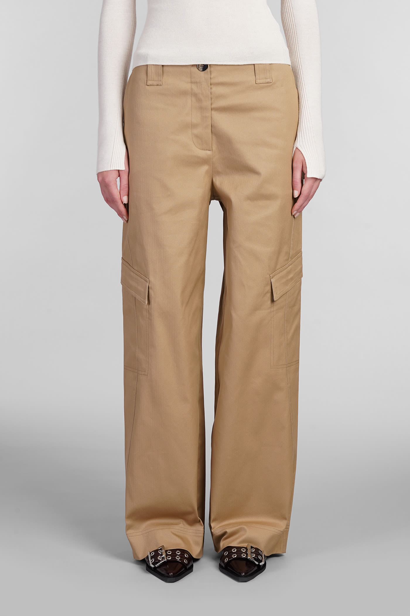 Shop Ganni Pants In Beige Cotton