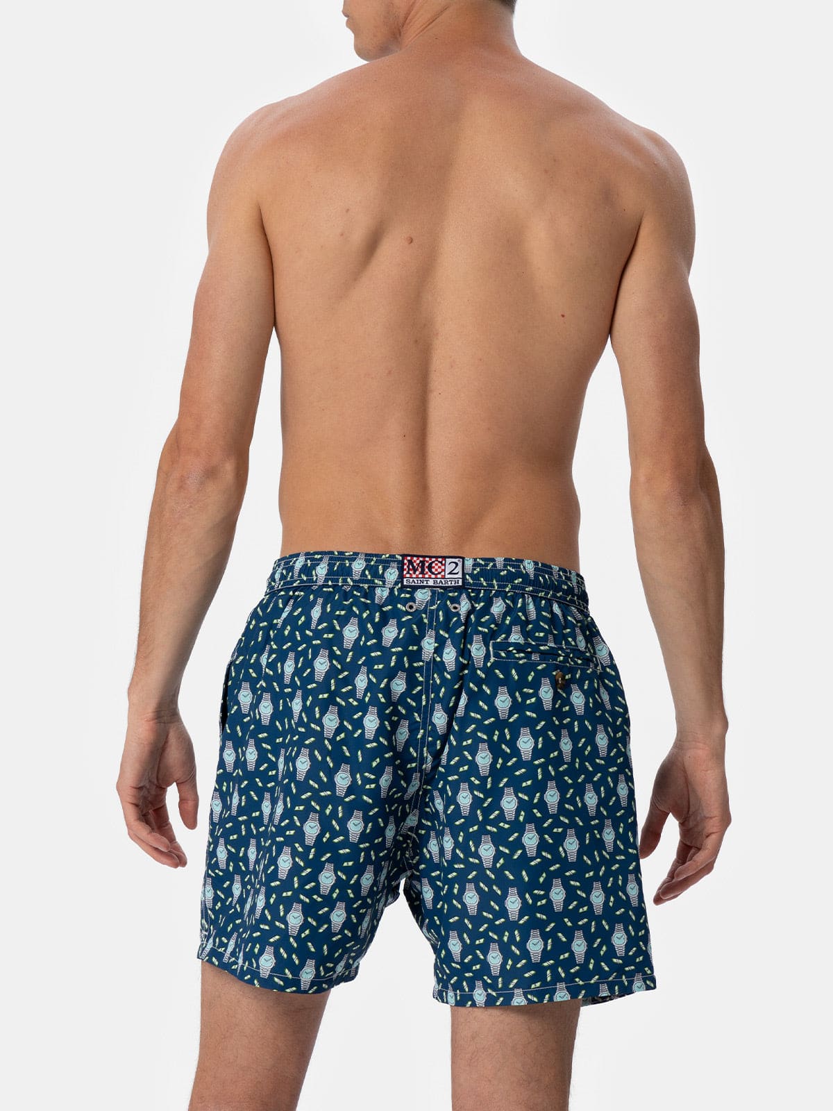 Shop Mc2 Saint Barth Man Lightweight Fabric Swim-shorts Lighting Micro Fantasy With Watches Print In Blue Navy