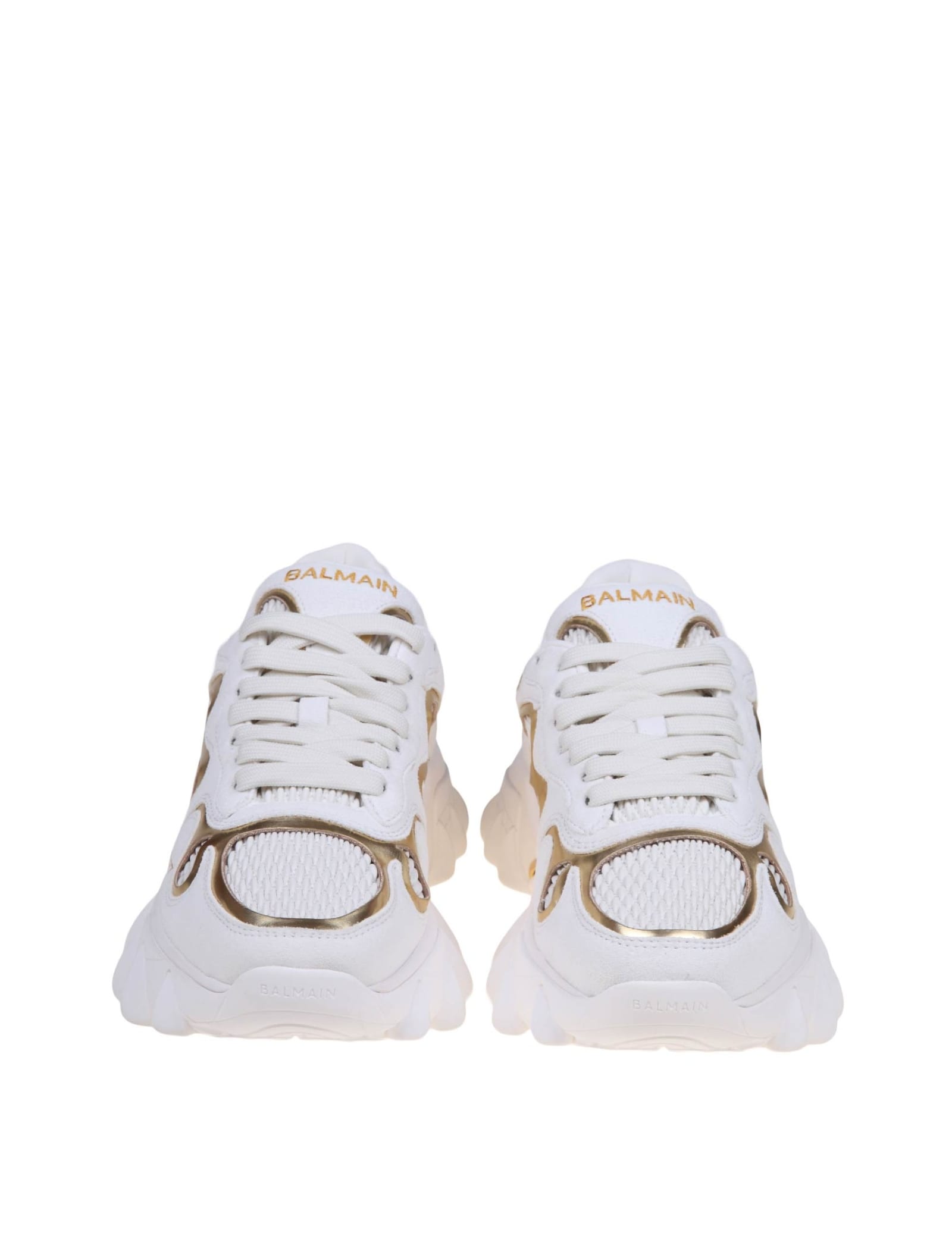 Shop Balmain B-east Sneakers In White And Gold Suede And Leather In White/gold