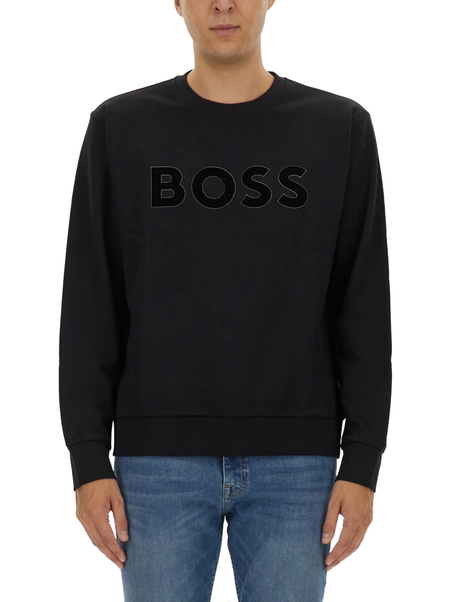 Hugo Boss Cotton-terry Sweatshirt With Flock-print Logo In Black