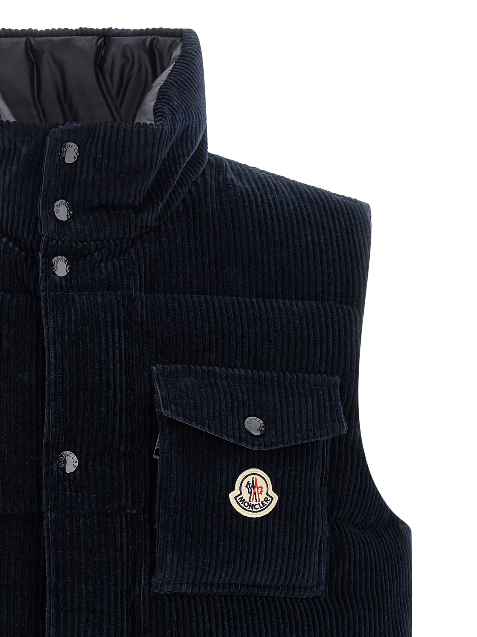 Moncler Corduroy Vest With High Collar And Pocket In Blue