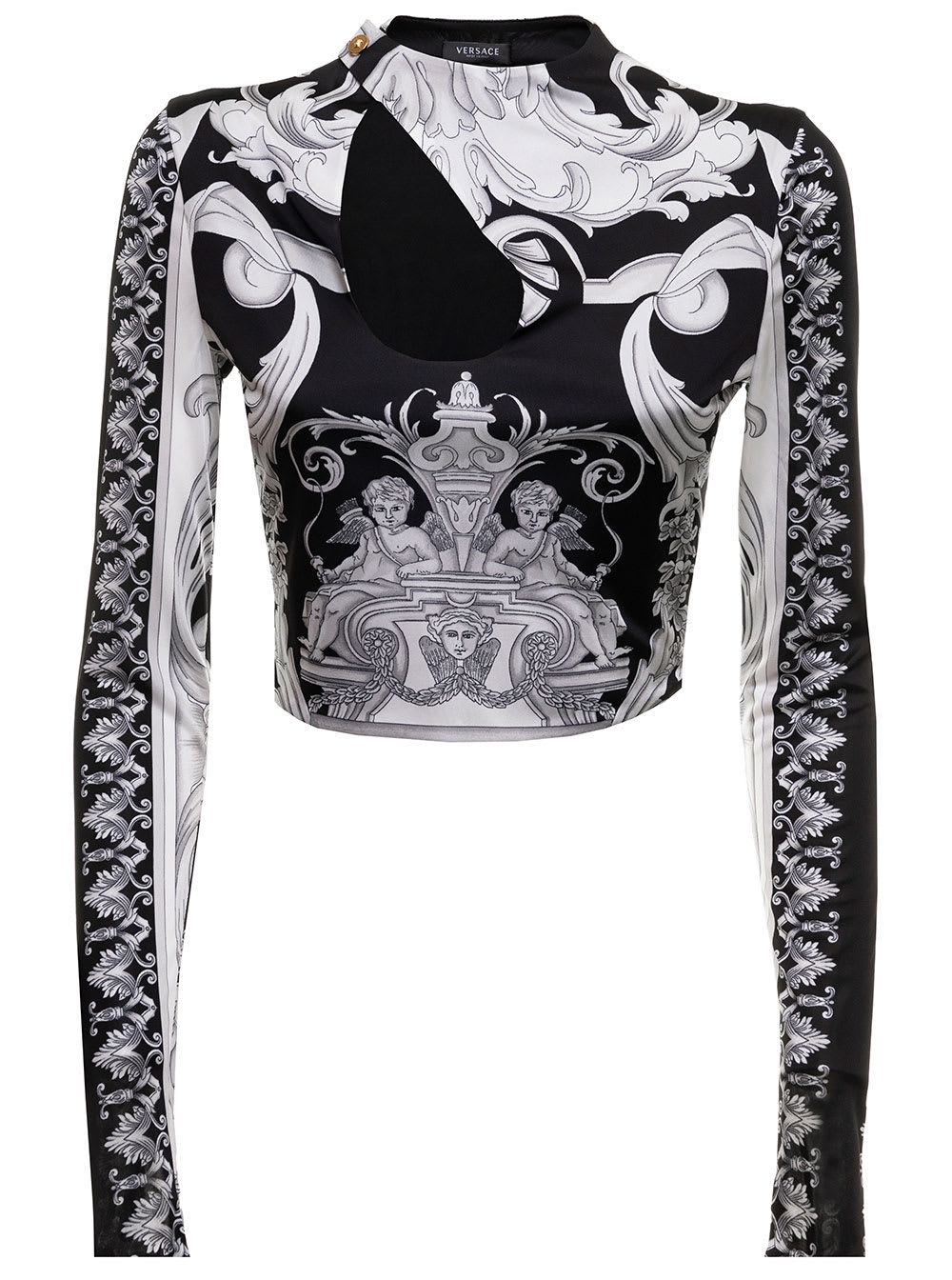 VERSACE BLACK AND grey CROP TOP IN STRETCH FABRIC WITH ALLOVER BAROCCO PRINT VERSACE WOMAN