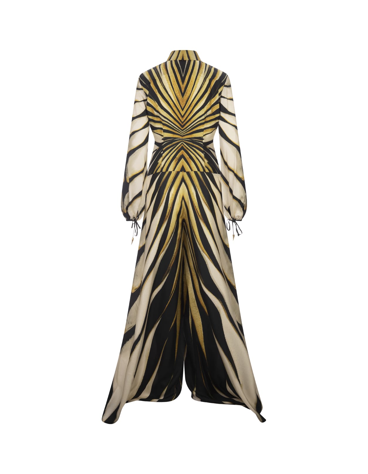 Shop Roberto Cavalli Ray Of Gold Print Silk Shirt Jumpsuit In Golden