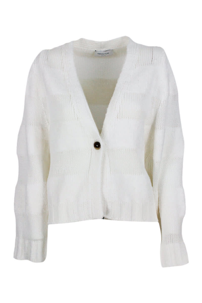 Shop Fabiana Filippi Linen Cardigan Sweater With Three-dimensional Button Closure In White