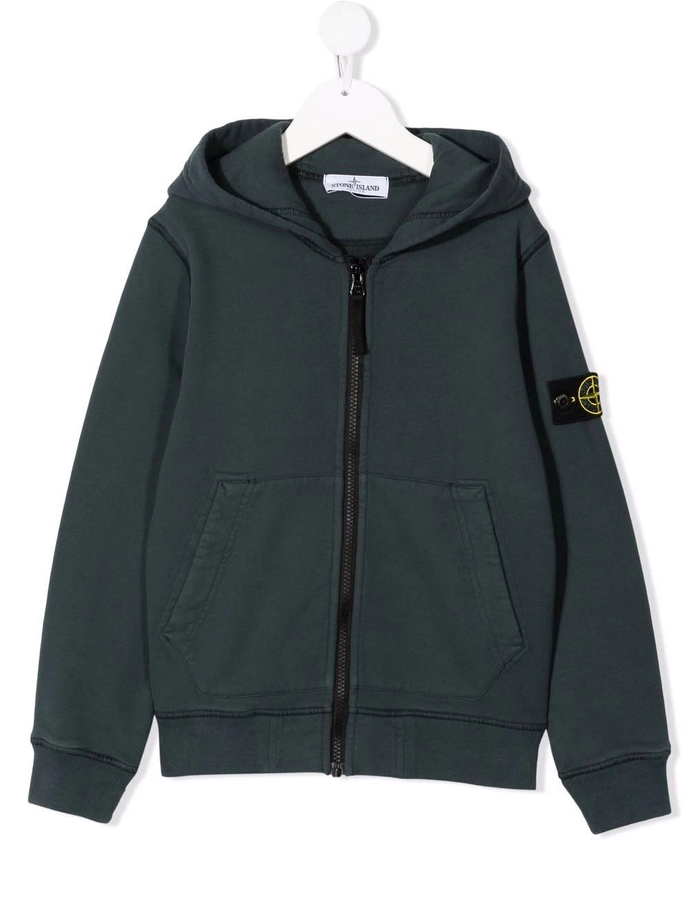 Stone Island Junior Petrol Green Kids Hoodie With Zip And Logo Patch