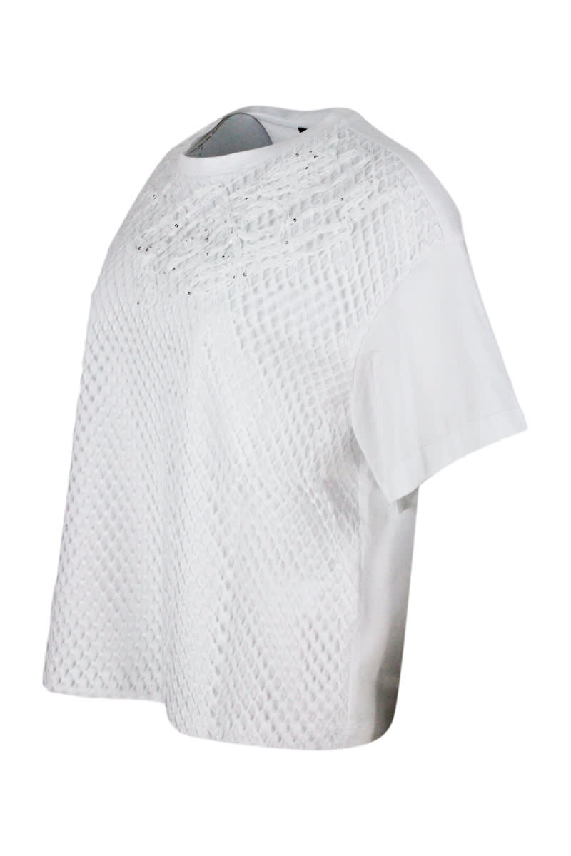 Shop Fabiana Filippi T-shirt A Girocollo In Cotone A Manica Corta Con Lavorazione A Reta Applicata Sul Davanti E Imprezio In White