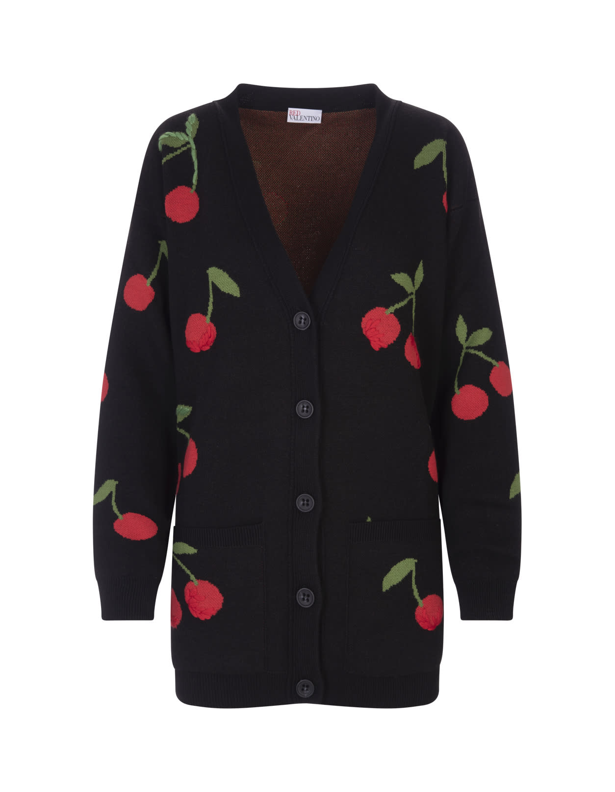 RED Valentino Maxi Black Cardigan In Mixed Wool Jacquard With Cherries