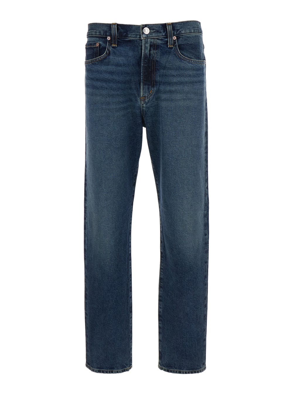 Shop Agolde Blue Straight Jeans With Branded Button In Cotton Blend Denim Man