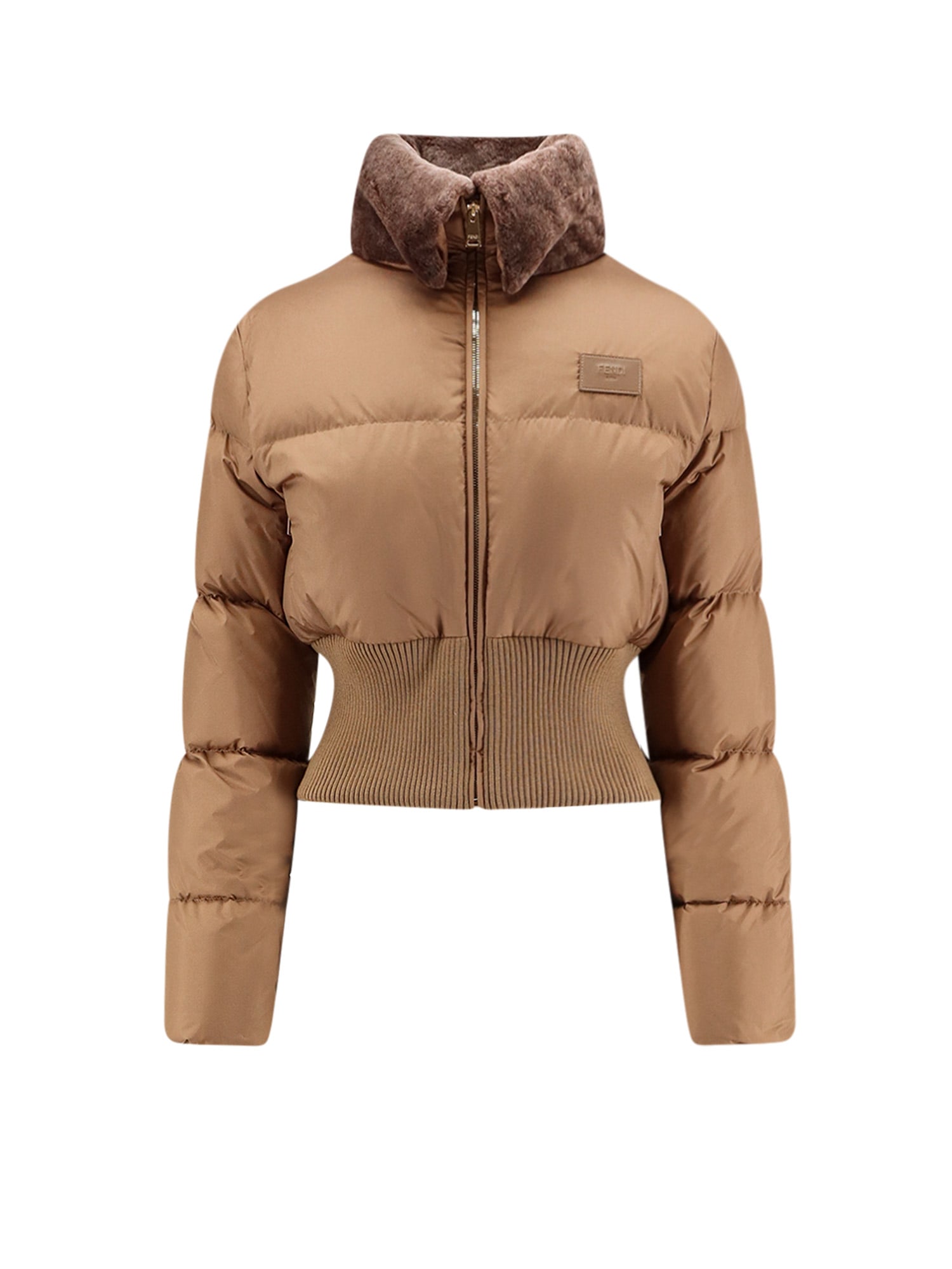 Fendi Women Cropped Down Jacket With Shearling Lining In Brown