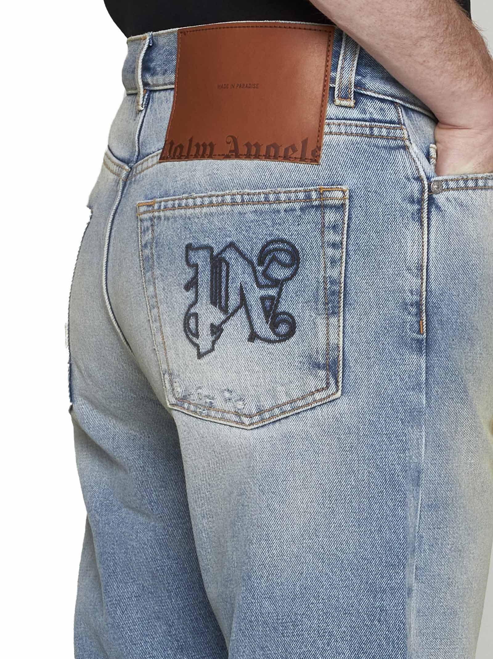 Palm Angels Loose-fit Jeans In Blue Denim With Pa Monogram In Light Blue