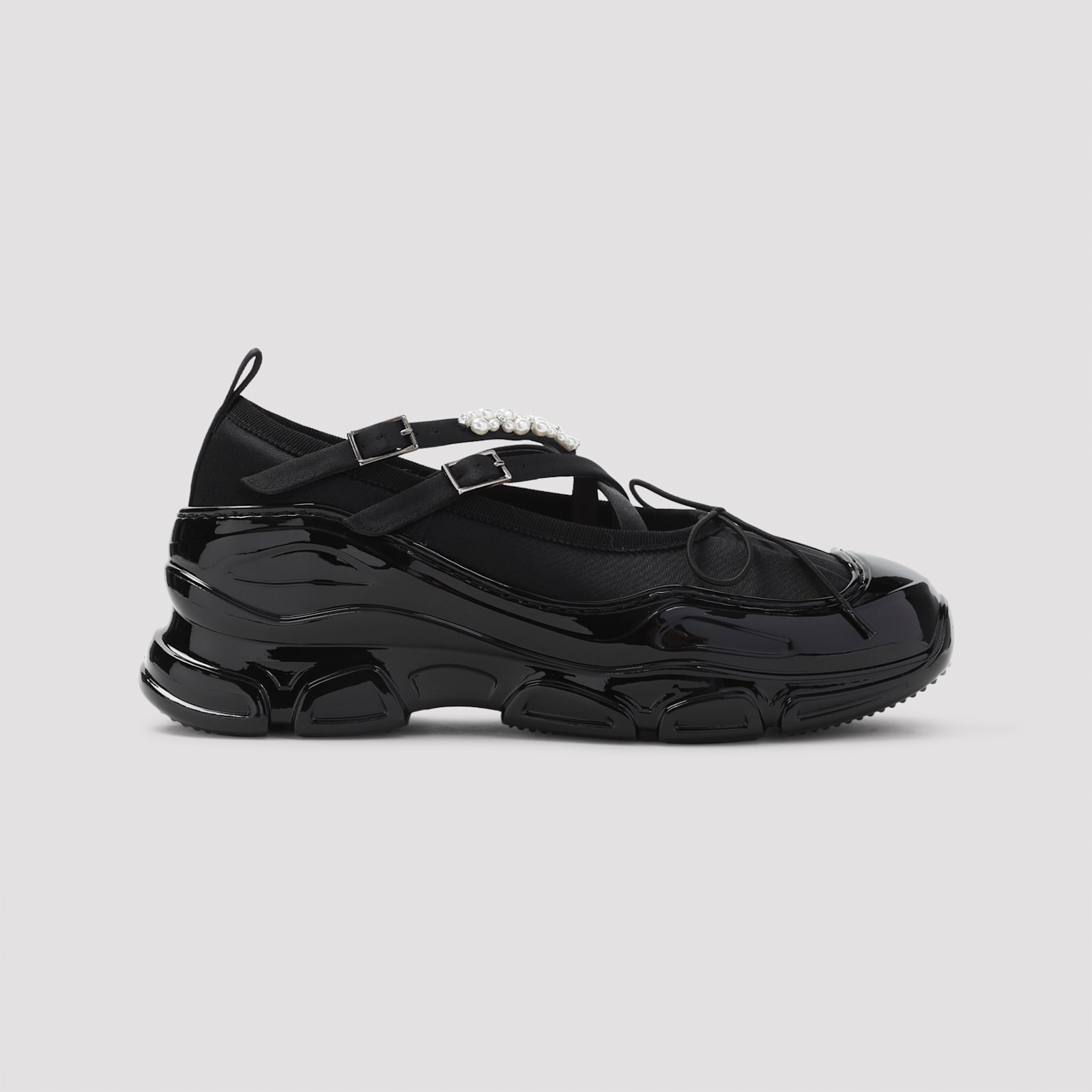 Simone Rocha Criss Cross Ballerina Shoes With Pearl Embellishments In Black