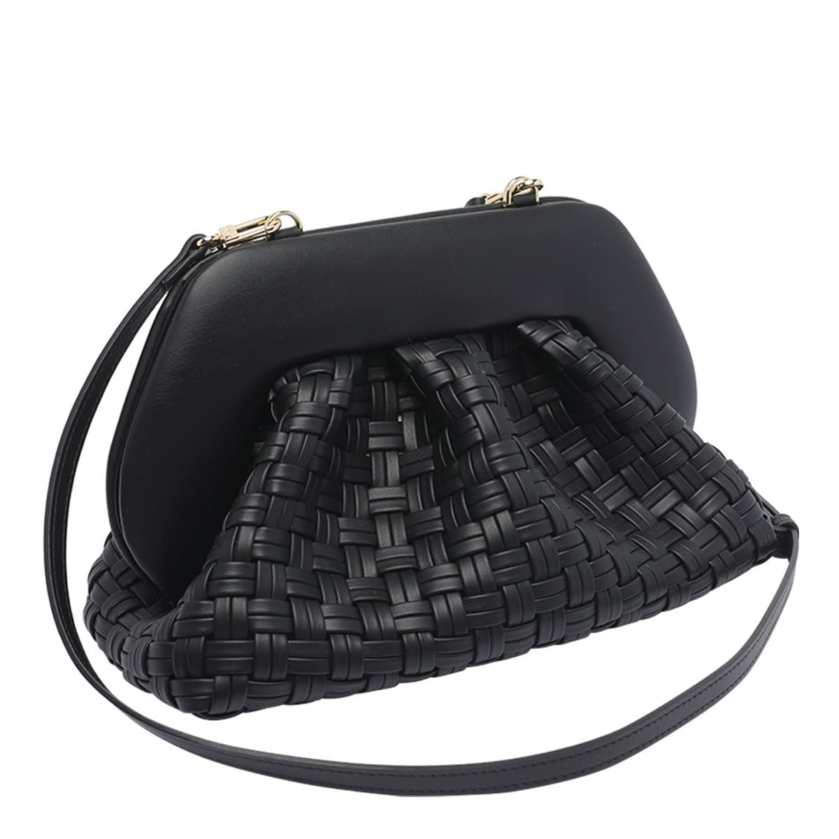 Themoirè Tia Black Clutch Bag With Woven Straw Motif And Shoulder Strap In Black