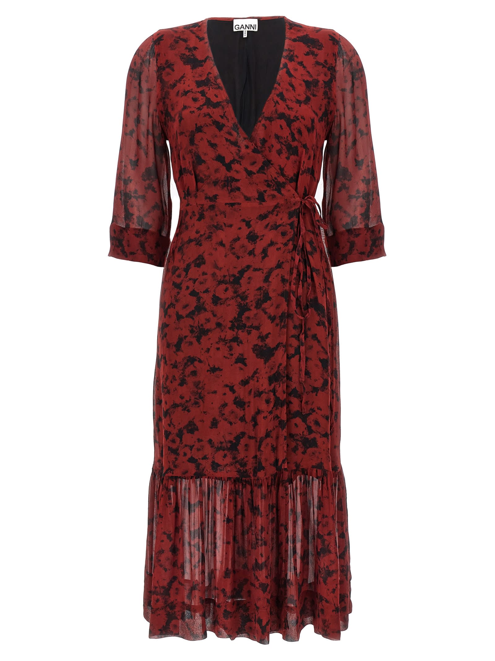 Shop Ganni Printed Dress In Bordeaux