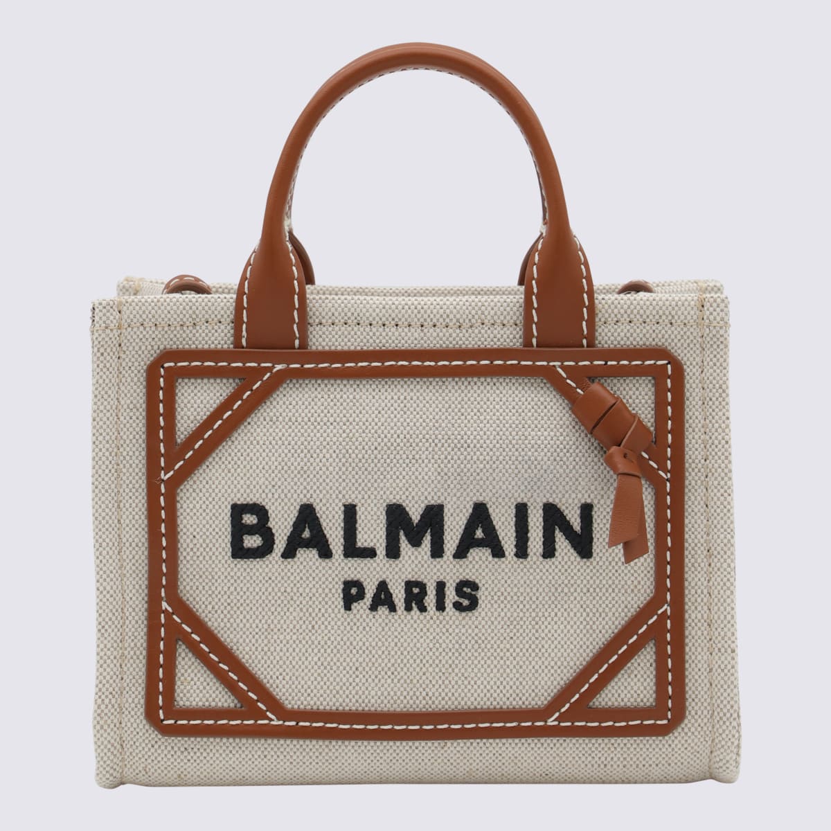 Shop Balmain Natural Canvas And Brown Leather B-army Shopper Mini Bag In Natural/brown
