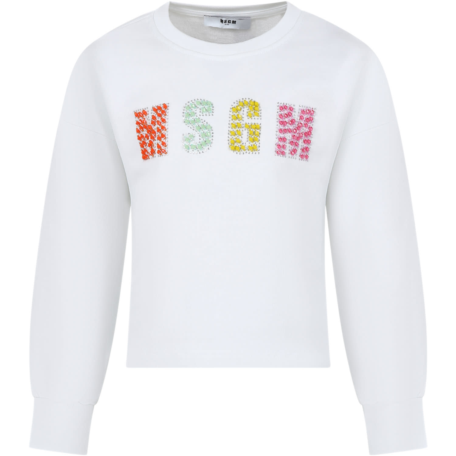 Msgm Kids' White Sweatshirt For Girl With Rhinestones And Multicolor Stones In Bianco