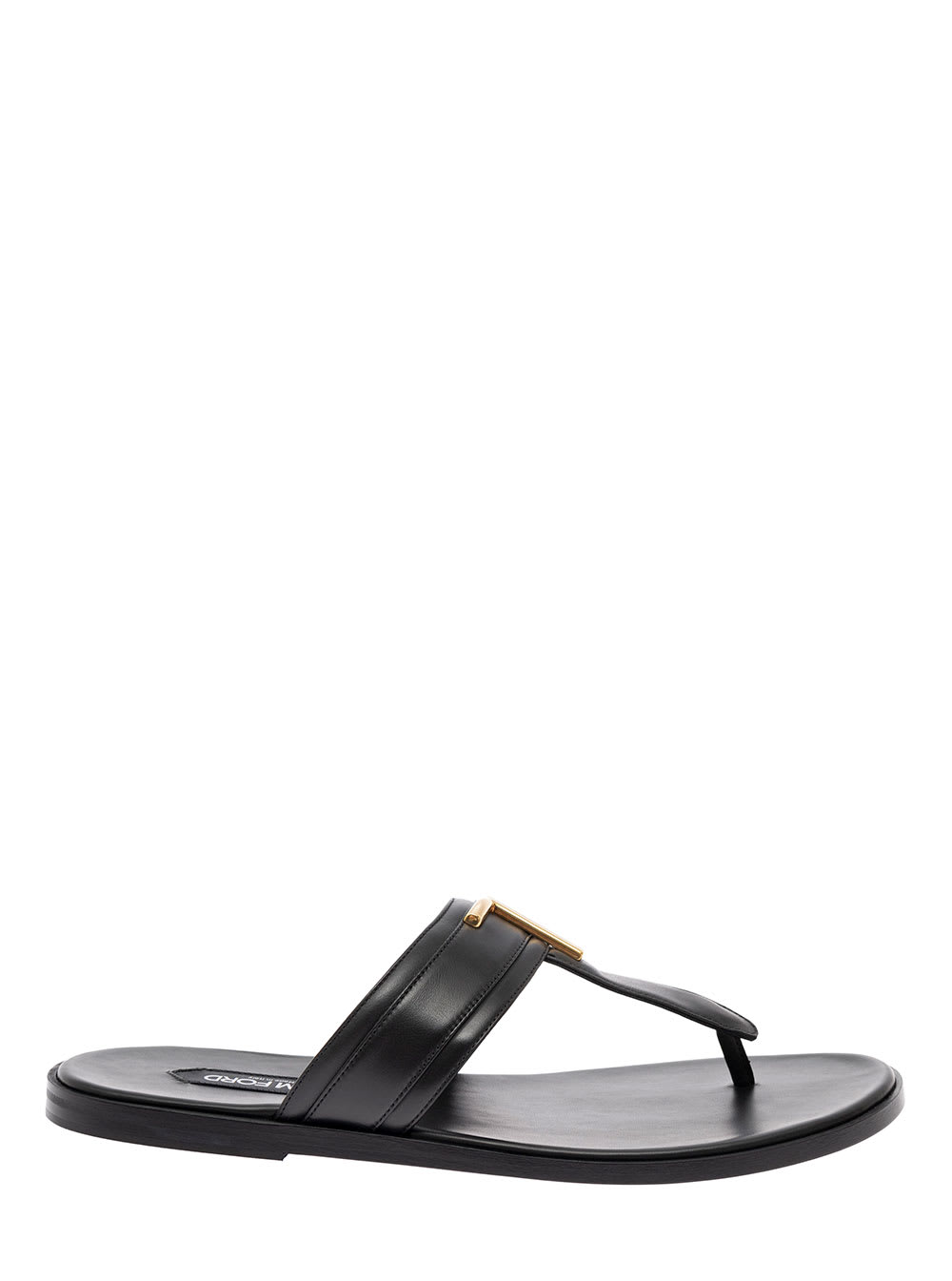 Tom Ford Mans Black Leather Sandals With Metal Logo