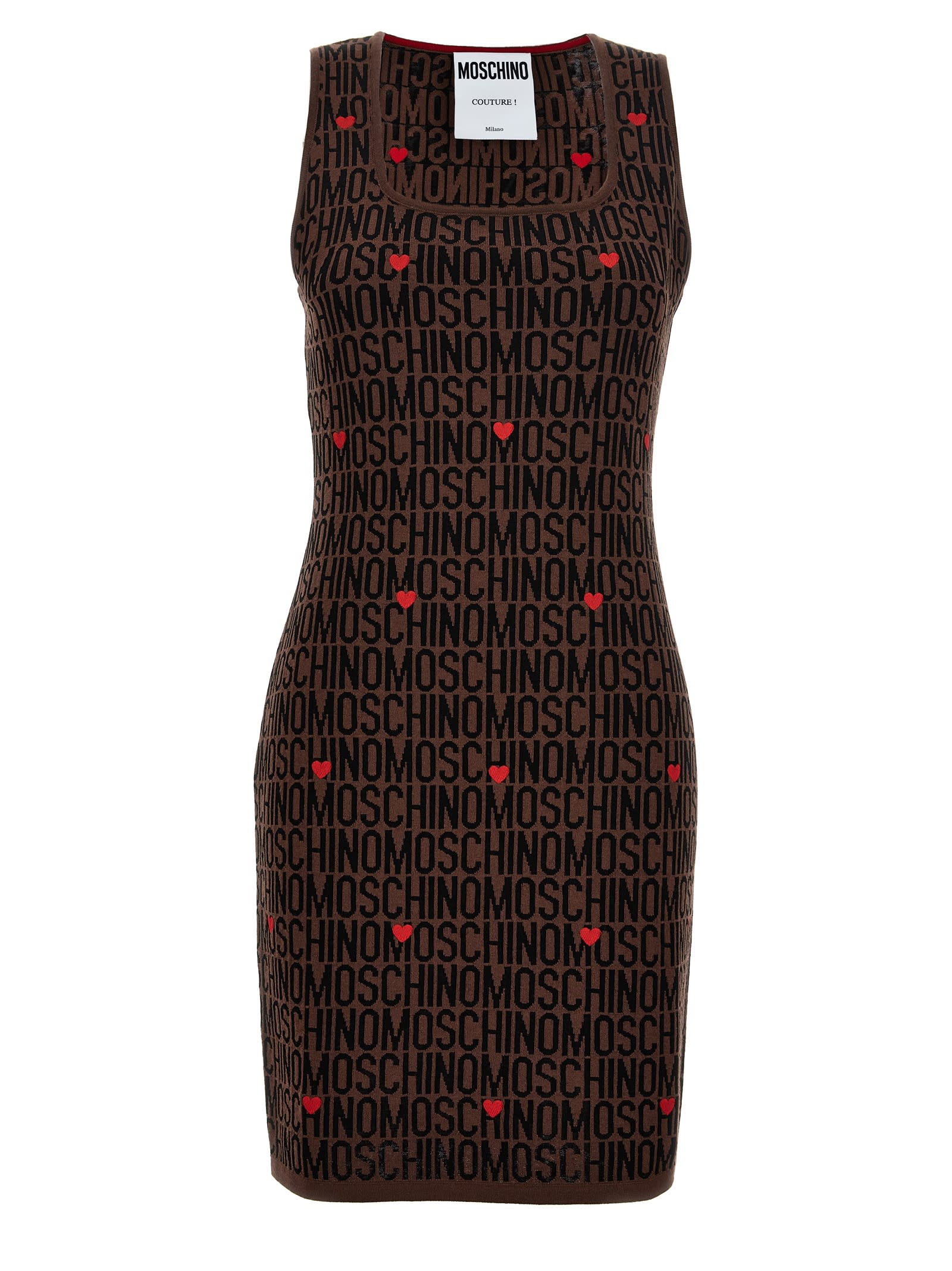 Shop Moschino Logo Dress In Brown