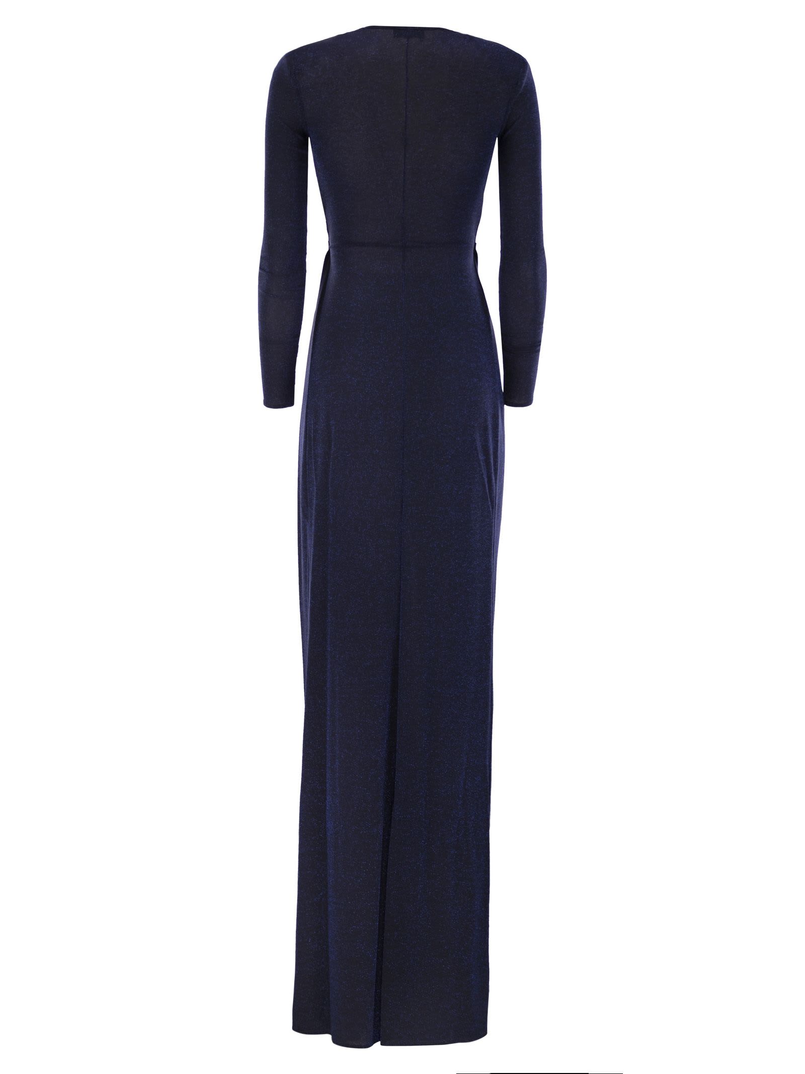 Shop Elisabetta Franchi Red Carpet Dress In Lurex Jersey With Knot And Logo Accessory In Navy