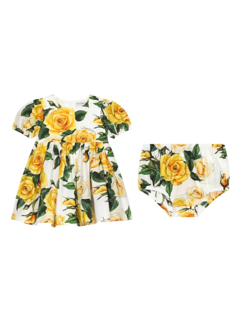 Dolce & Gabbana Babies' Yellow Rose Print Poplin Short-sleeved Dress