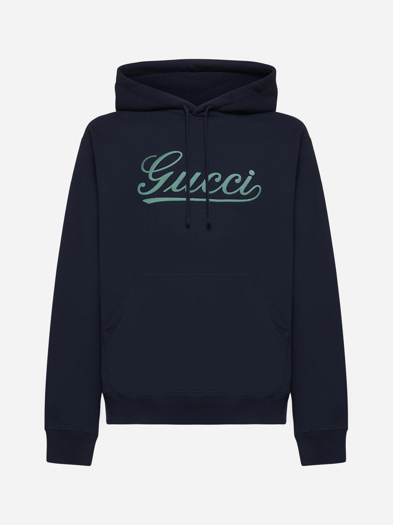 Shop Gucci Logo Cotton Hoodie In Blue