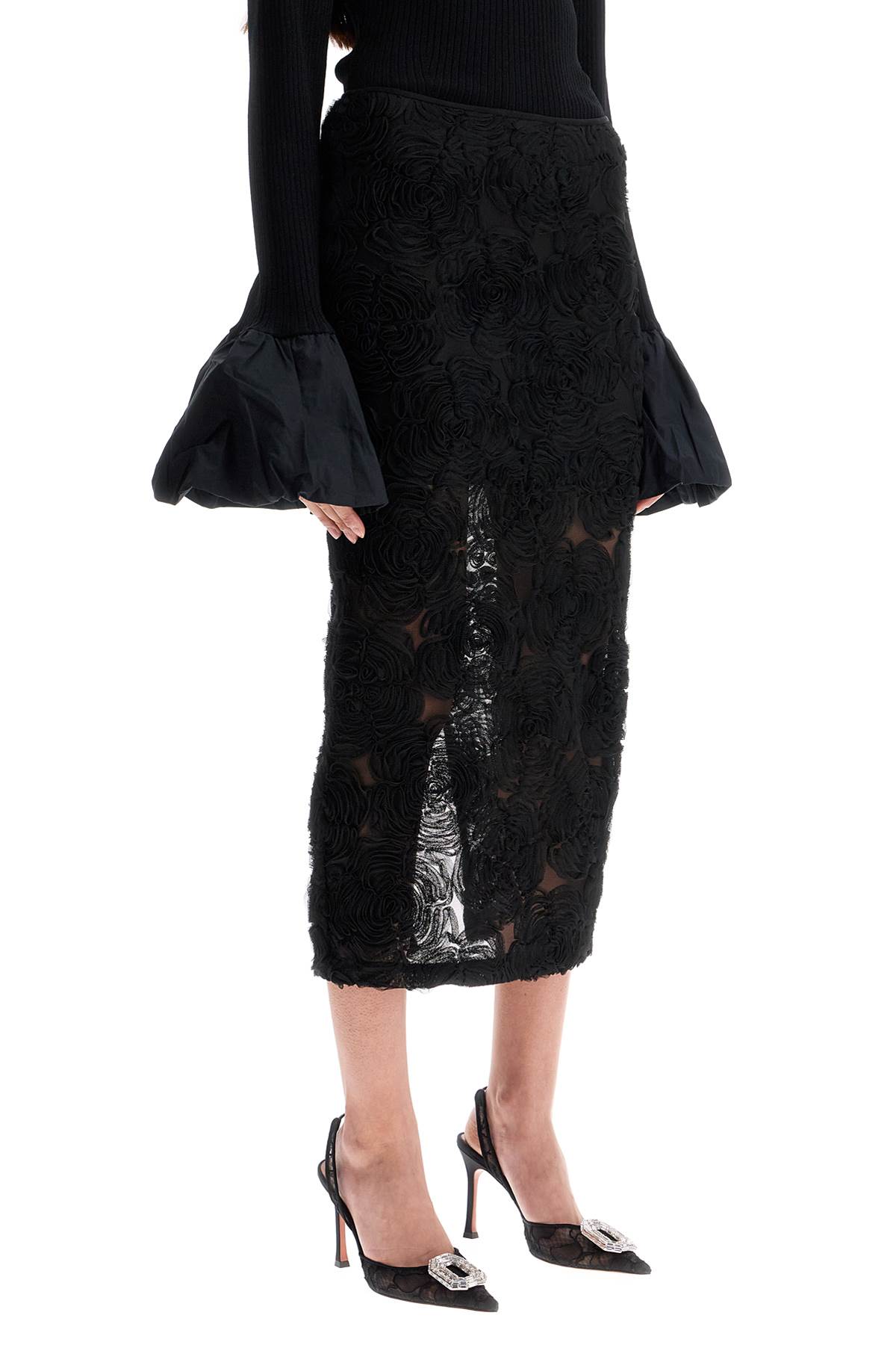 Rotate Birger Christensen Black Recycled Polyester Floral Mesh Pencil Skirt In Black (black)