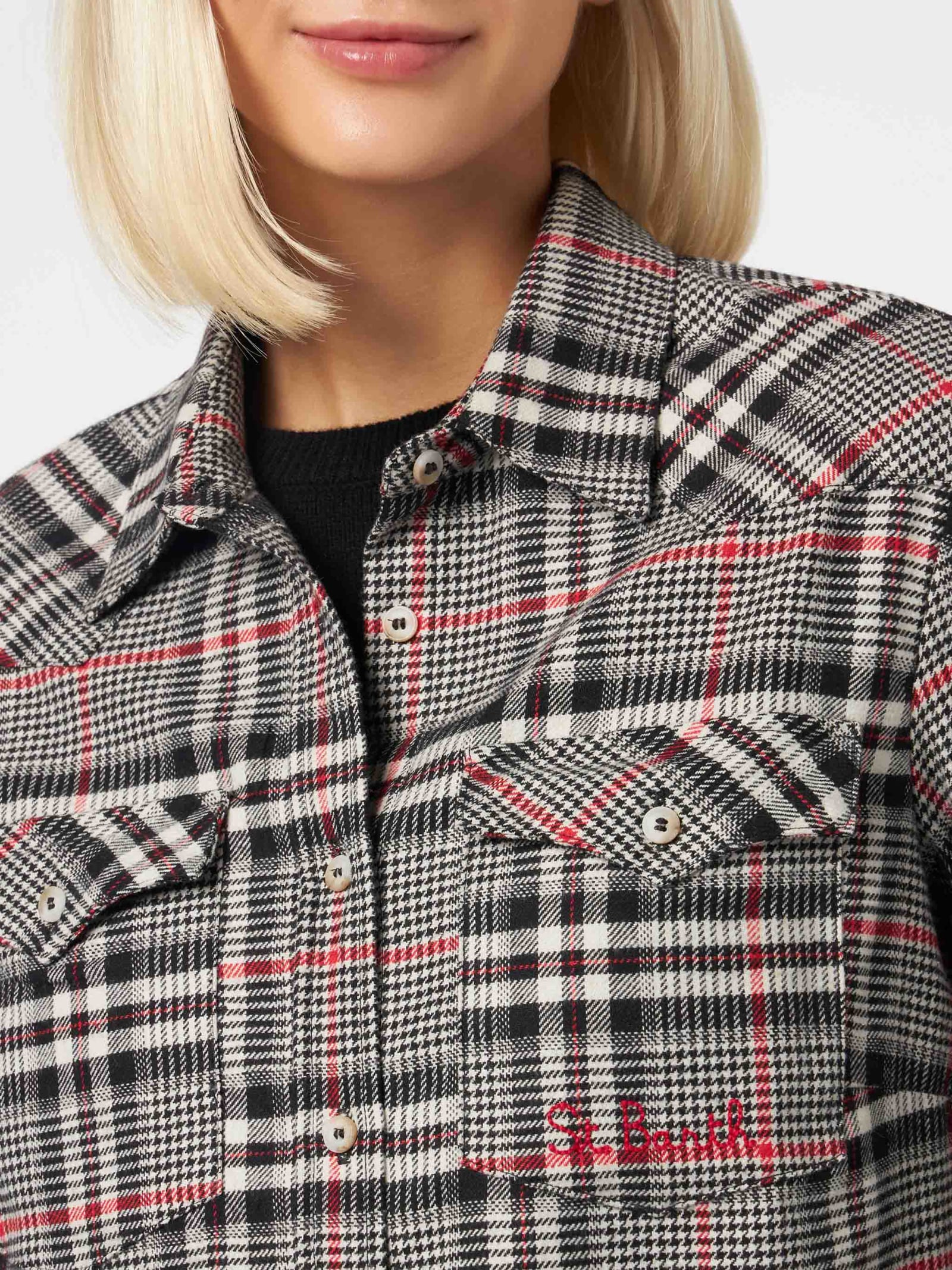 Mc2 Saint Barth Woman Velvet Overshirt With Prince Of Wales Print In Black