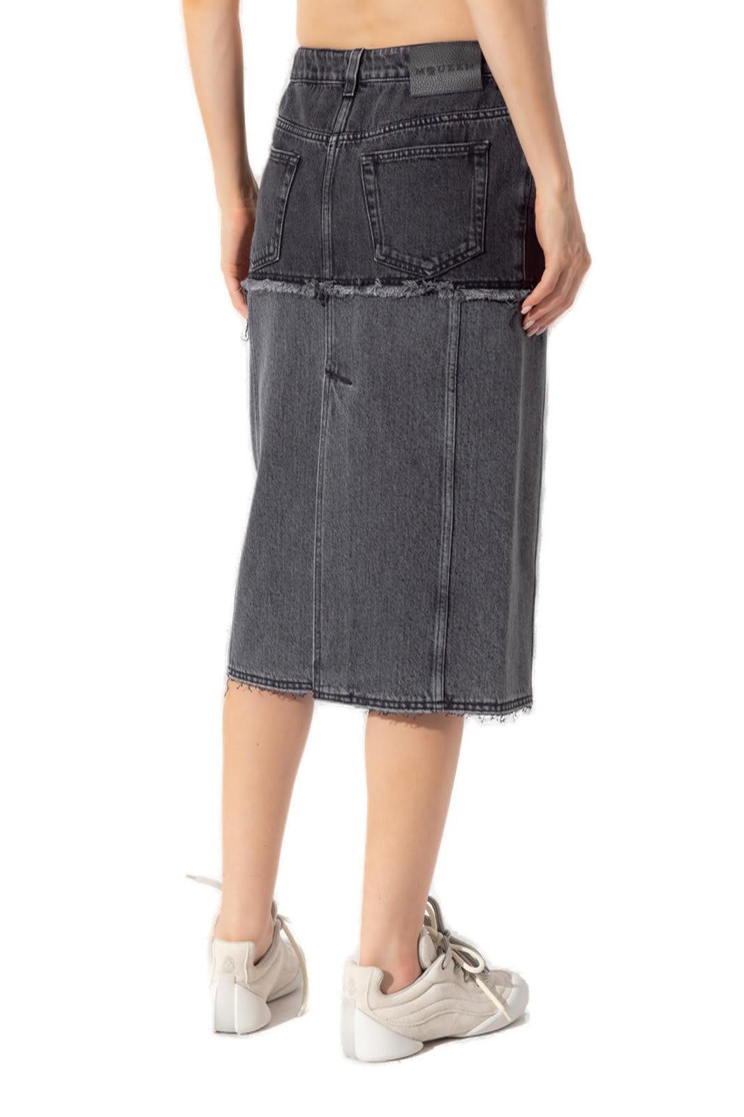 Shop Alexander Mcqueen Two-toned Raw Edge Denim Skirt In Black