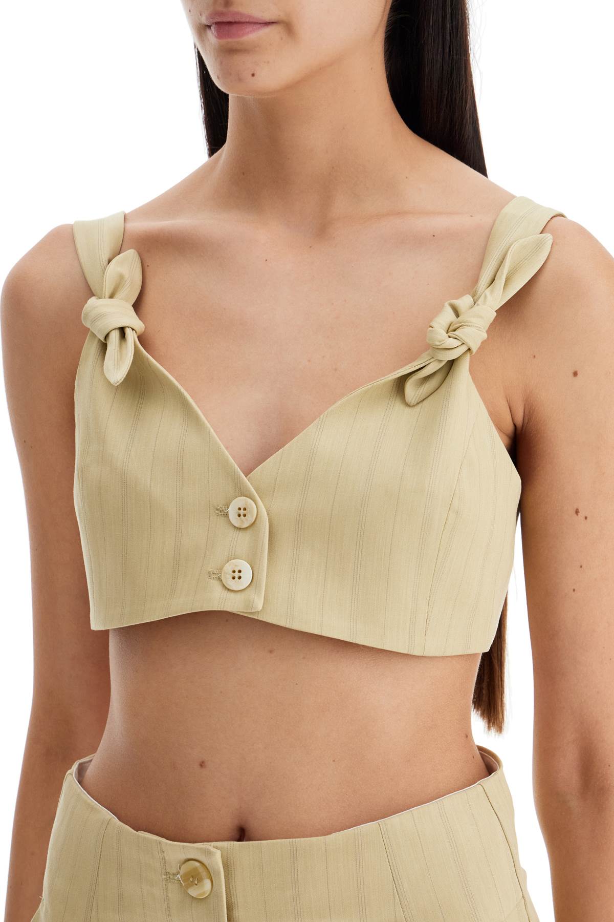 Shop Ganni Striped Crop Top With Knots In Sahara Sun (beige)