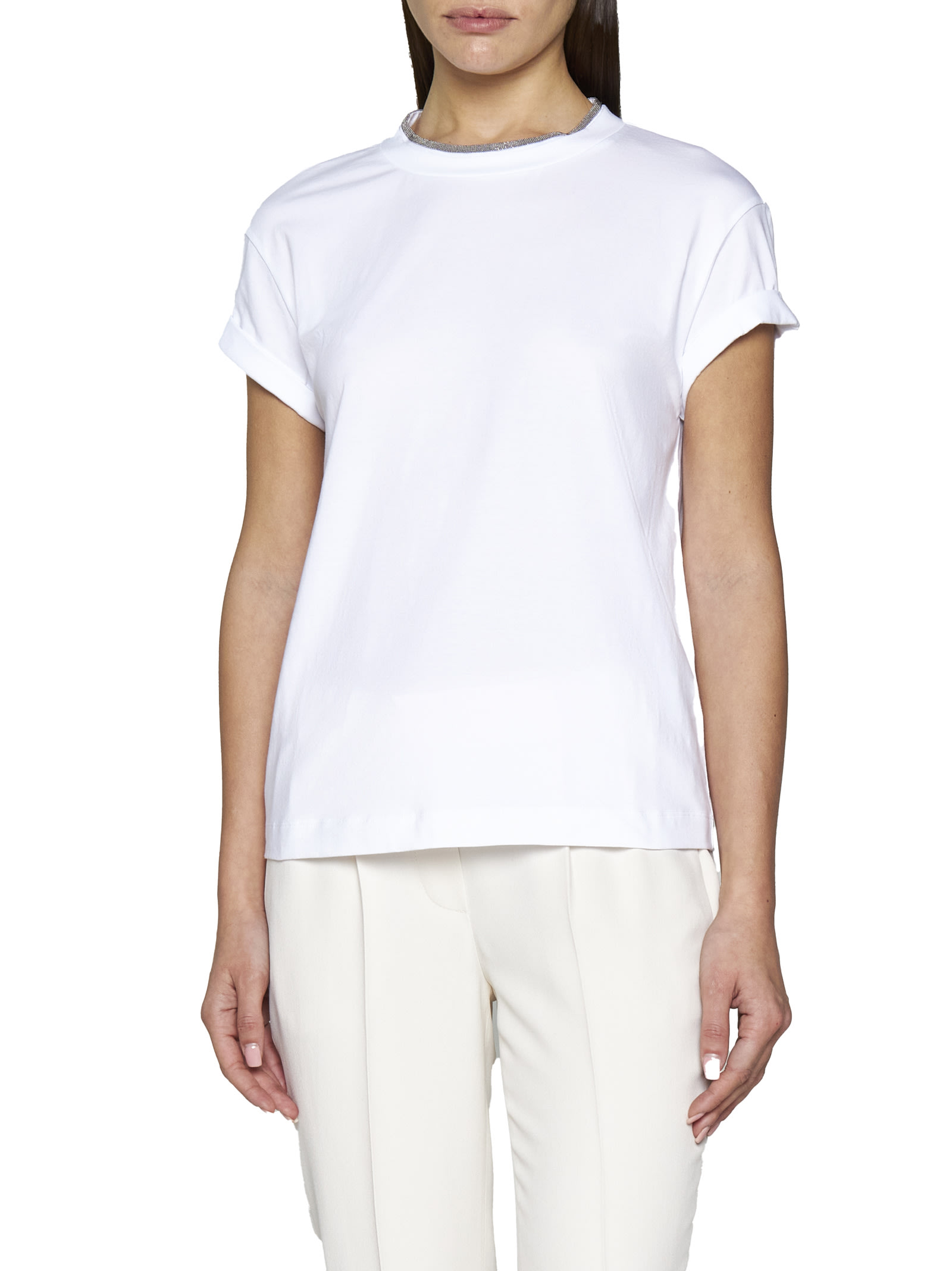 Brunello Cucinelli Jersey Cotton T-shirt With Superimposed Effect In White