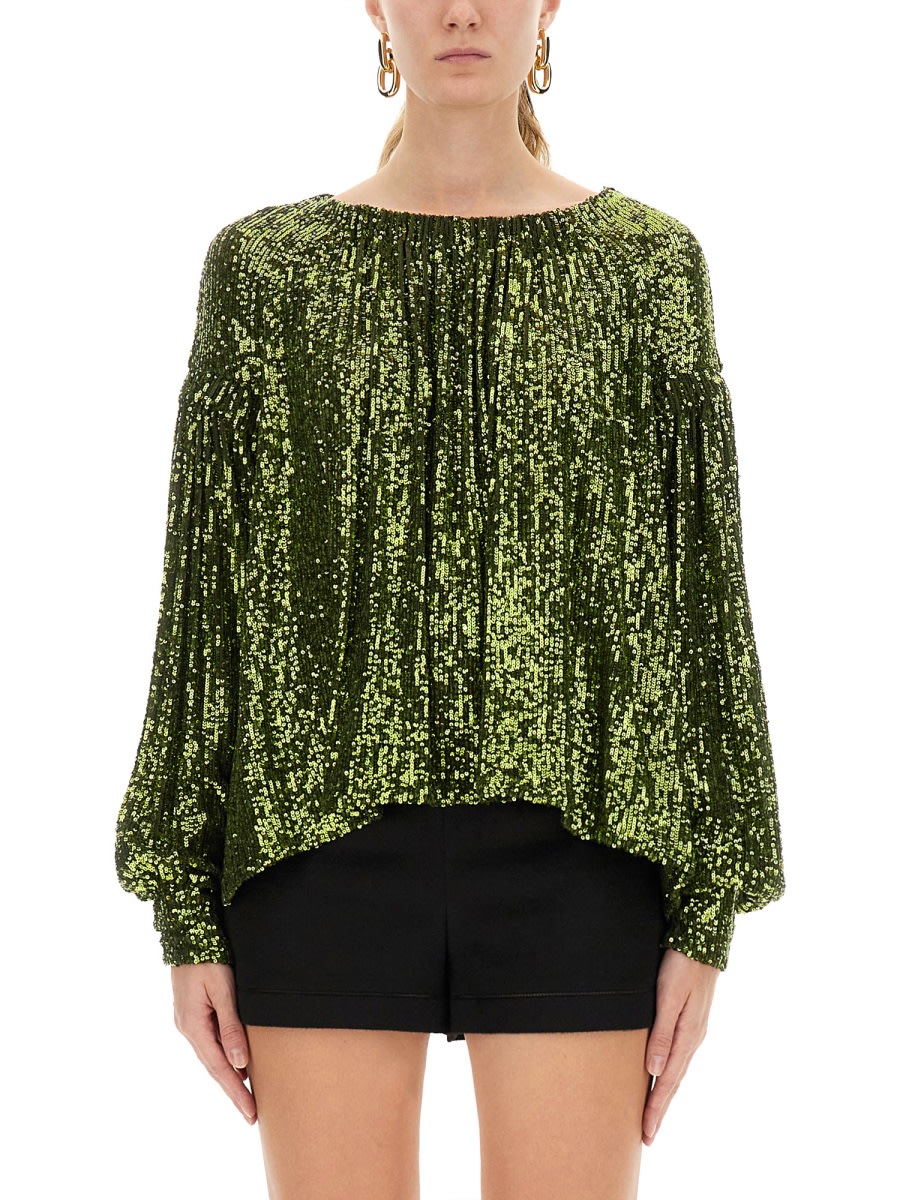 Rabanne Off-the-shoulder Sequin Embellished Top In Green