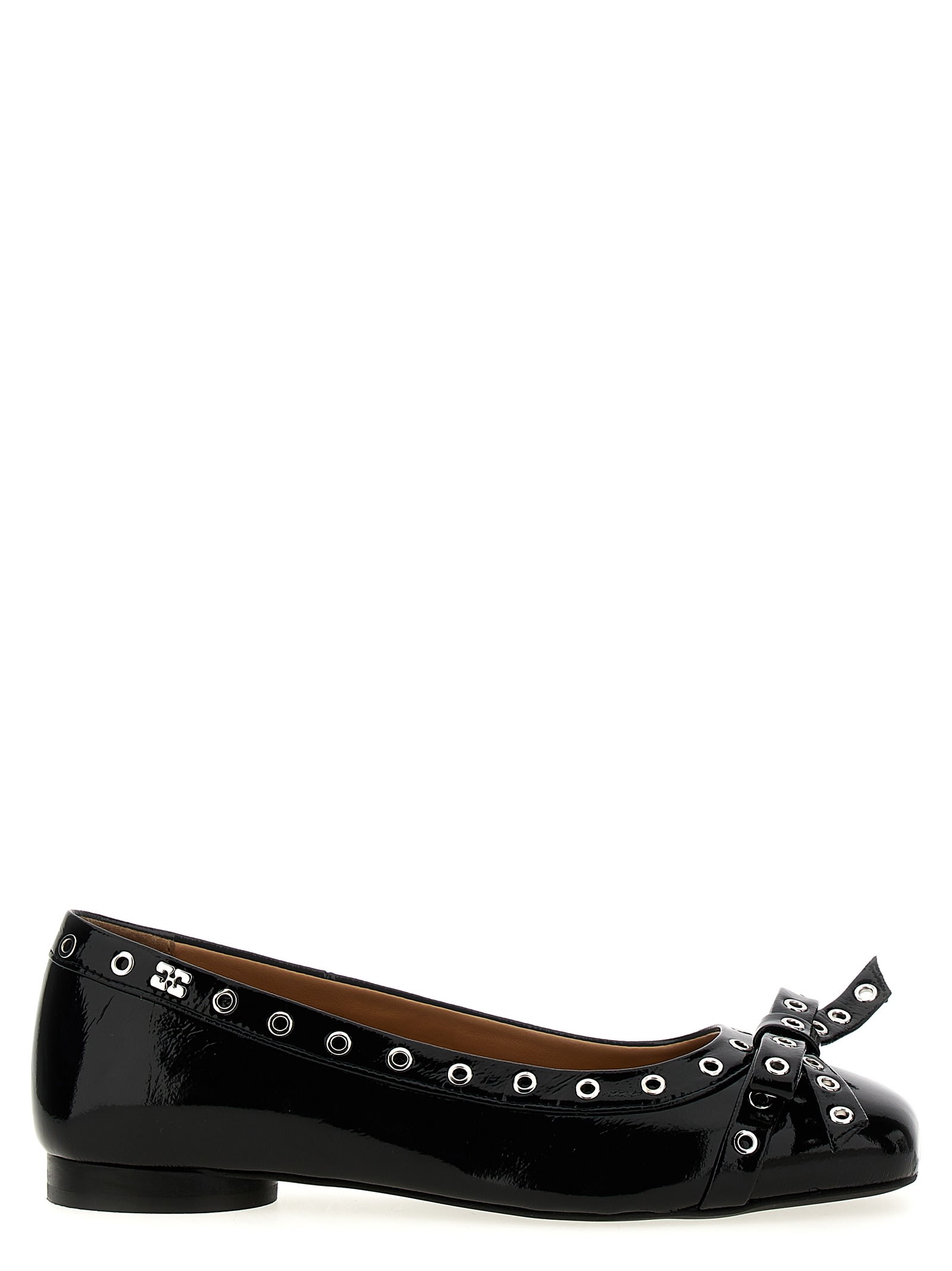 Shop Ganni Eyelets Bow Ballet Flats In Black