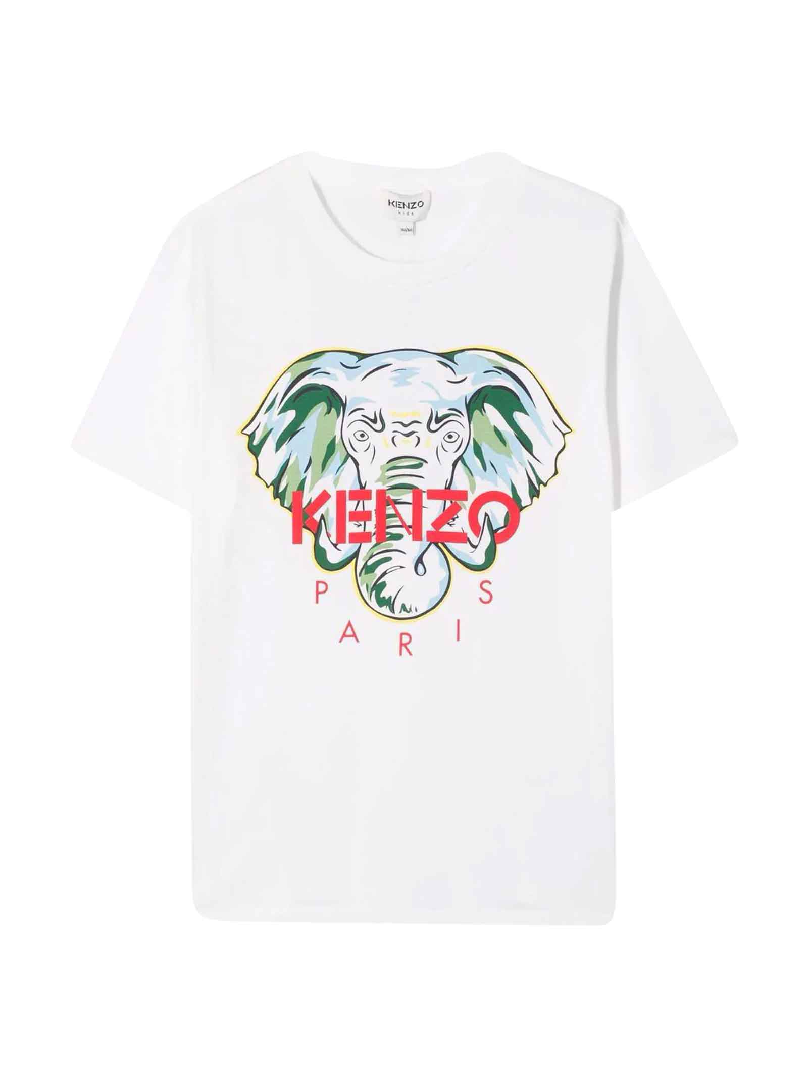 Kenzo Kids Unisex White T-shirt With Elephant Print With Logo On The Front, Round Neckline, Short Sleeves And Straight Hem By