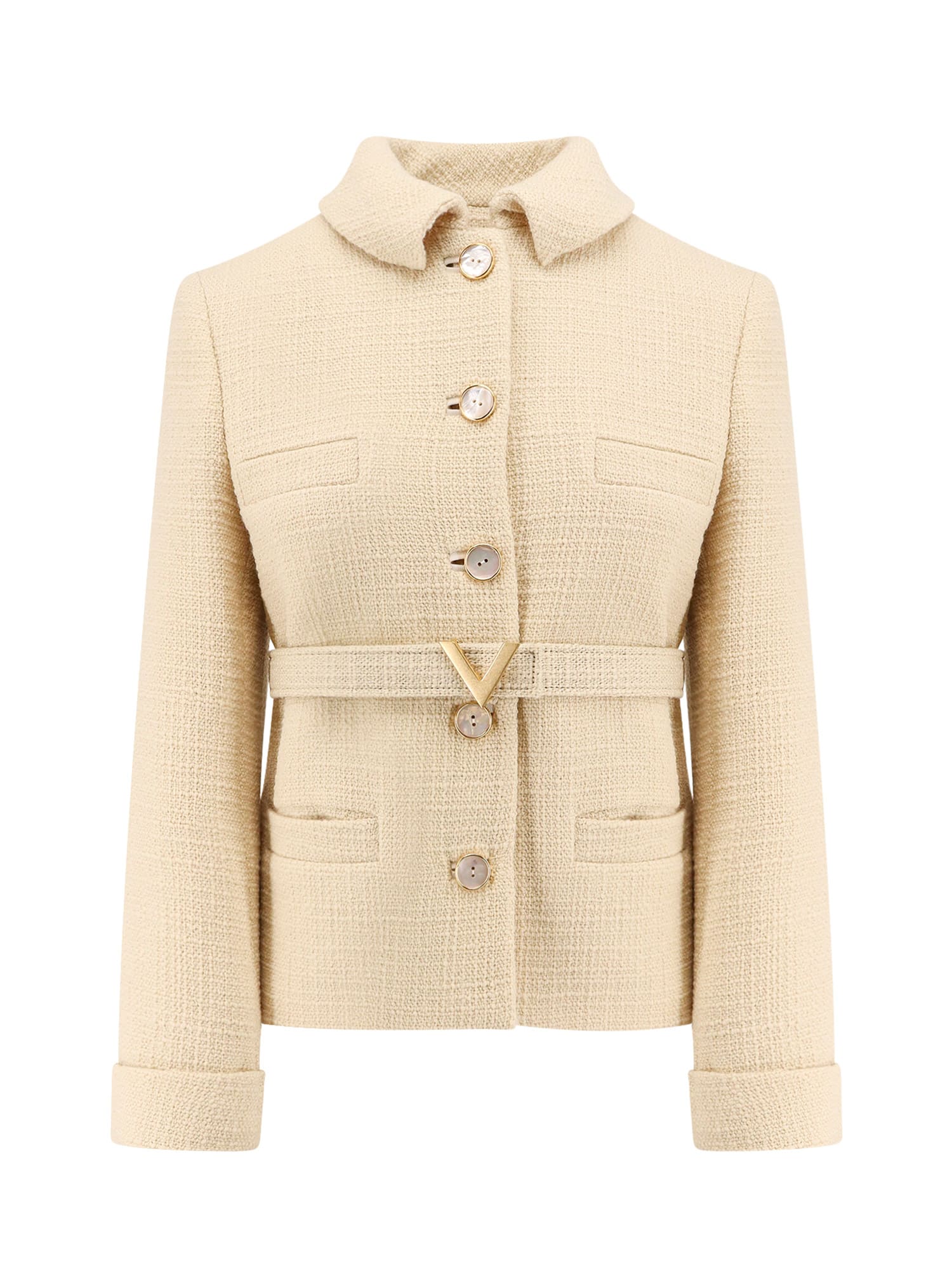 Valentino Wool Blazer With Leather Belt And V Gold Buckle In Neutral