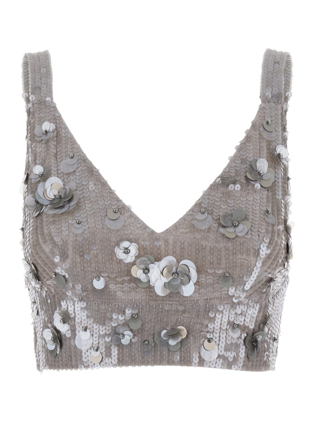 Parosh Grey Sleeveless Crop Top With Straps In Sequined Fabric Woman