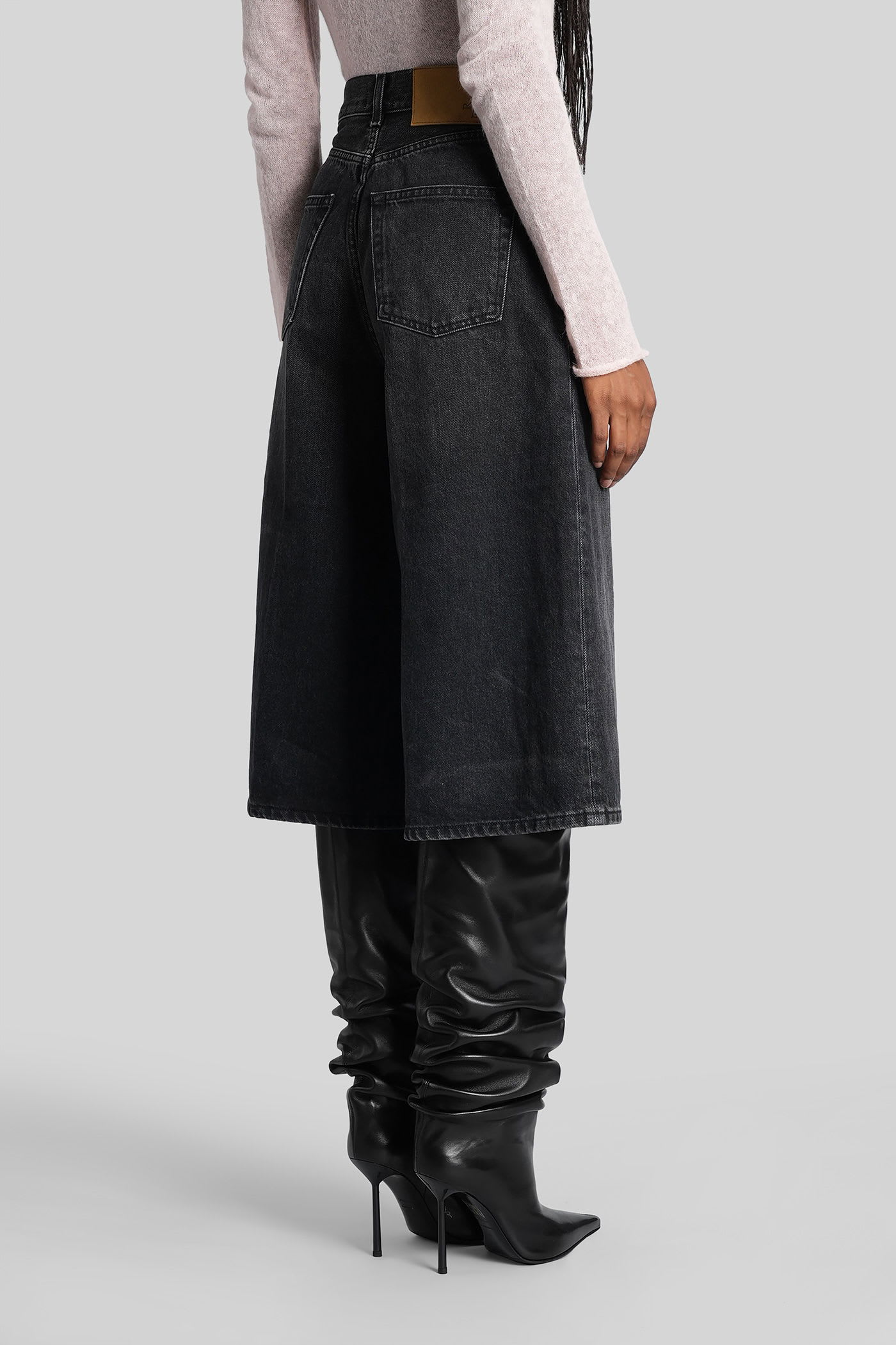 Haikure Wide Leg Denim Bermuda With Belt Loops In Black