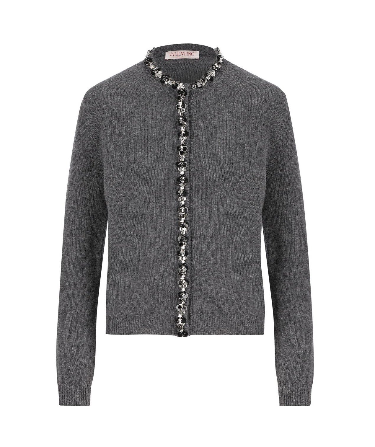 Shop Valentino Embellished Crewneck Cardigan In Grey Dark Melange