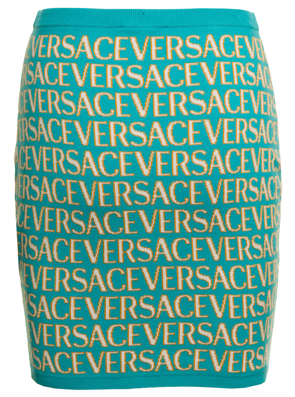 Shop Versace Light Blue Mini Skirt With All-over Jacquard Motif In Stretch Cotton Woman