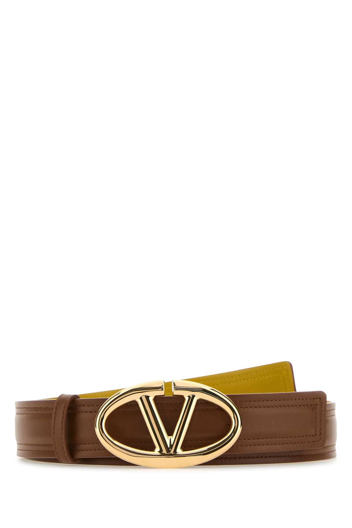 Valentino Garavani Caramel Leather Reversible Belt In Tobaccocurryyellow