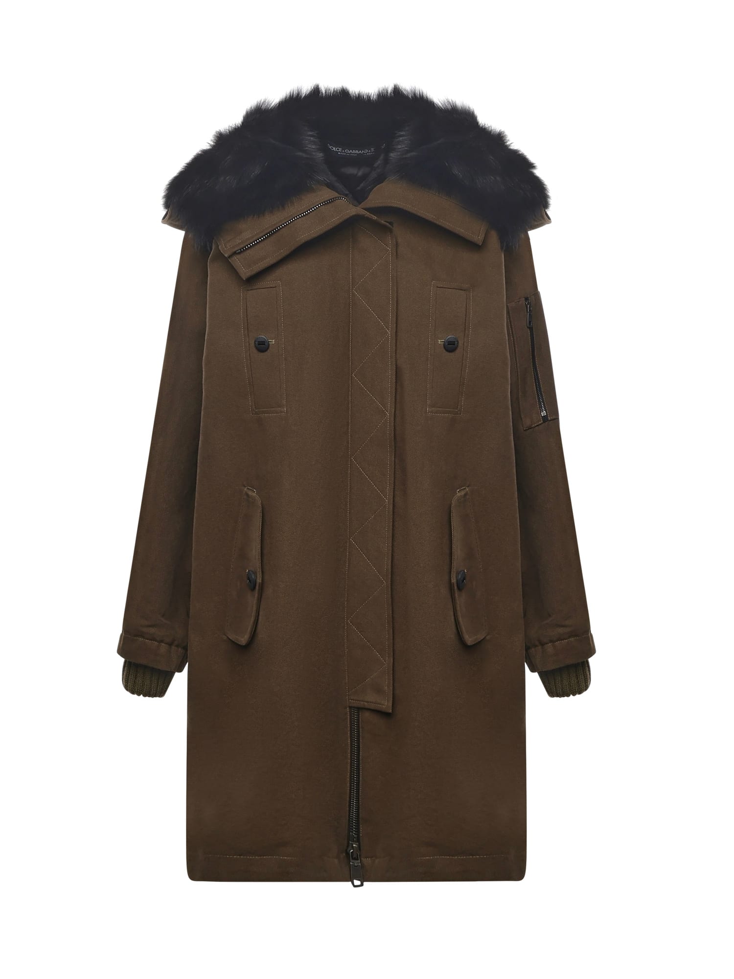 Dolce & Gabbana Long Down Jacket With Fur Trim In Brown