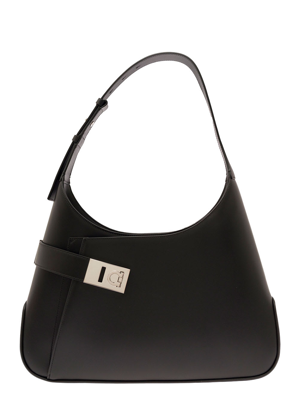 Black Hobo Shoulder Bag With Asymmetric Pocket And Gancini Buckle In Leather Woman