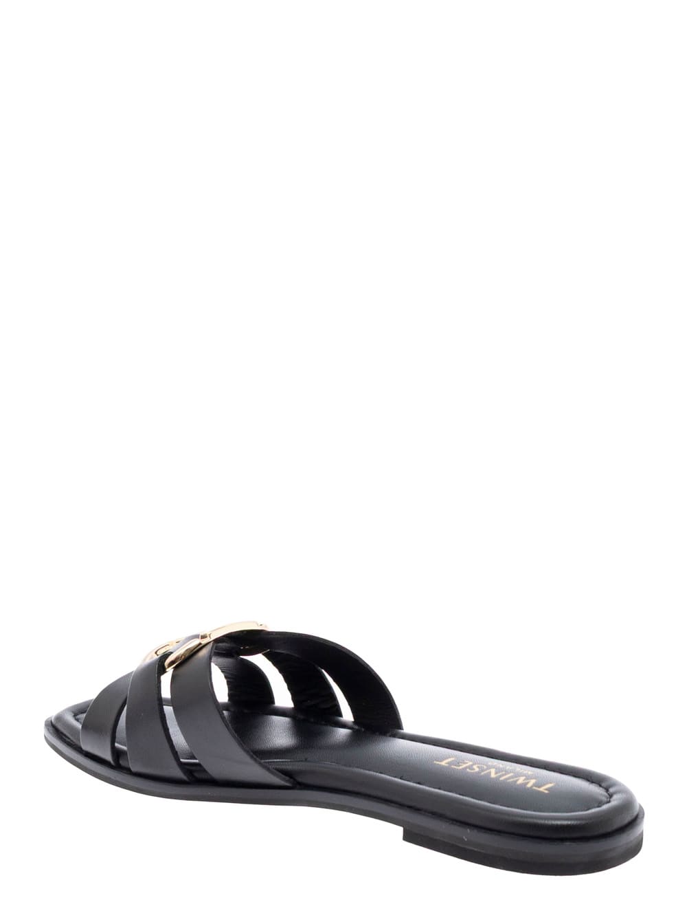 Twinset Black Sandals With Crisscross Strap And Metallic Oval T On The Front In Leather Woman In Animal Print