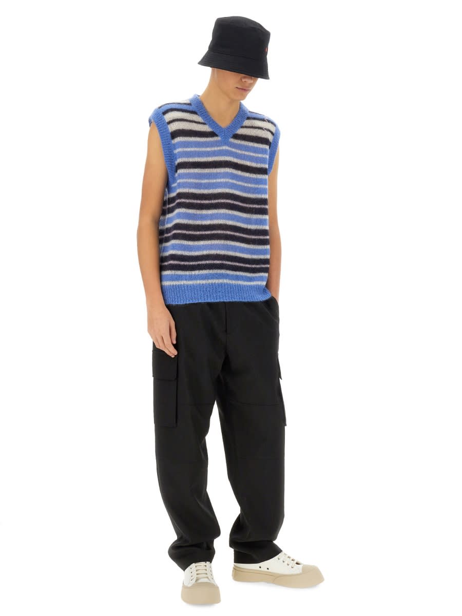 Marni Mens Striped-print V-neck Relaxed-fit Wool-blend Vest Blue Lilac In Multicolour