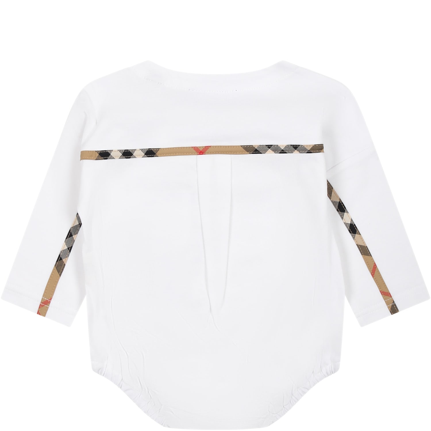 Shop Burberry White Bodysuit For Babies With Vintage Check Detail On The Pocket